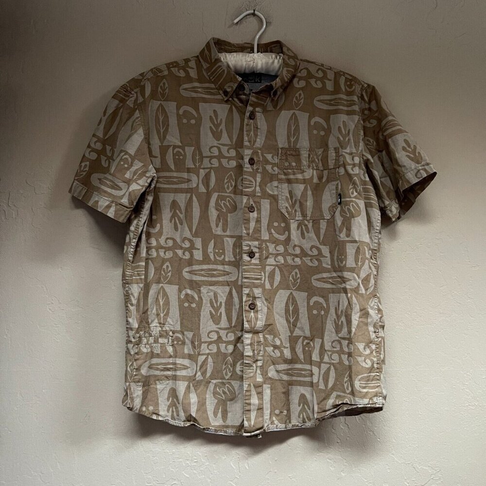 Vintage Sanuk Brown Cotton Men Happy Leaves Ethnic Print Button Down Shirt Small